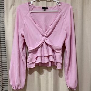 Express Light Pink Twist-Front Ruffle Long Sleeve Blouse